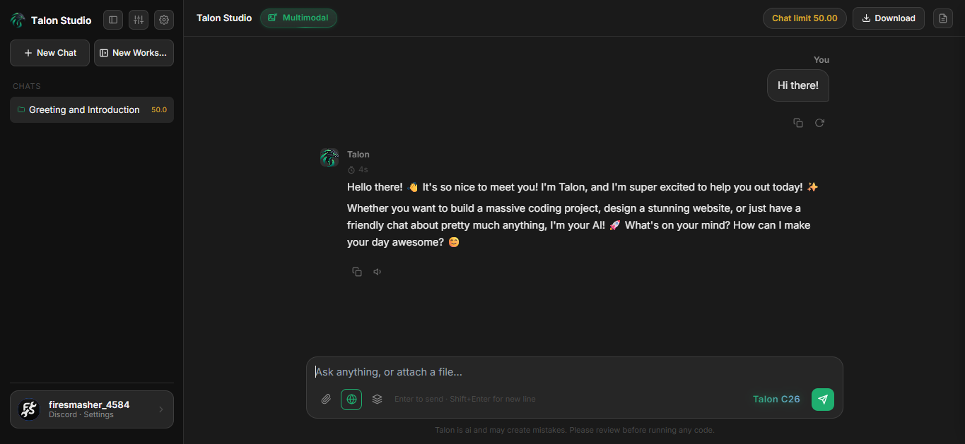 Talon Studio chat with a sidebar of chats, a chat limit pill and a streamed reply