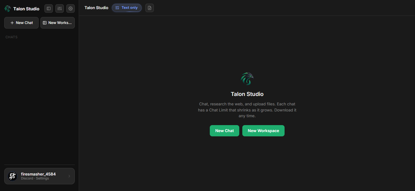 Talon Studio welcome screen with New Chat and New Workspace buttons
