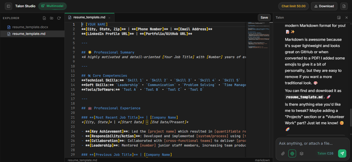 Talon Workspace with a file explorer, a Markdown editor and the chat docked on the right